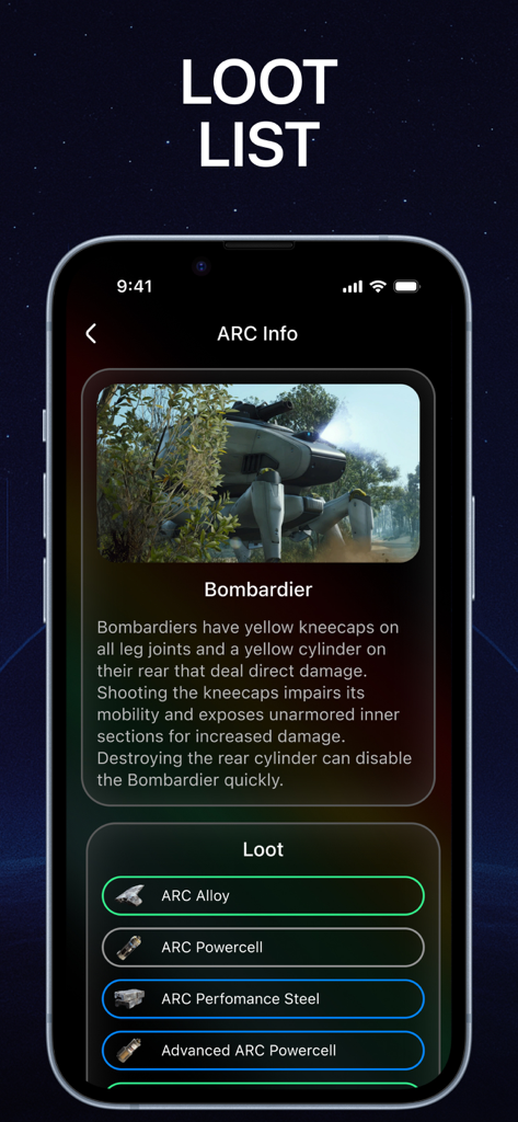 Enemy info page for the Bombardier robot showing loot list and weaknesses