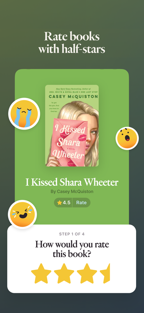 Fable: Track & Discuss Books - Fable app interface showing a book rating screen with half-star selection and expressive emojis