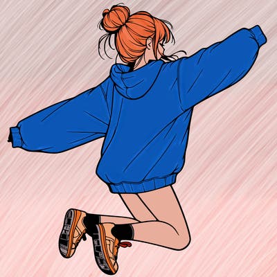 realistic girl jumping with a bun and oversized sweatshirt