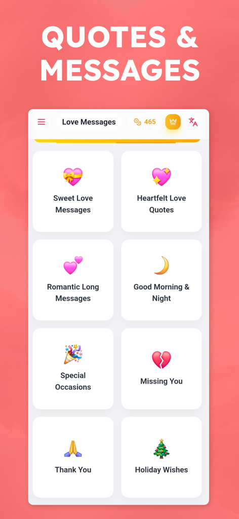 Love Messages - Create & Share - La pantalla principal de la aplicación Mensajes de Amor mostrando categorías como mensajes de amor dulces citas sinceras y mensajes largos románticos