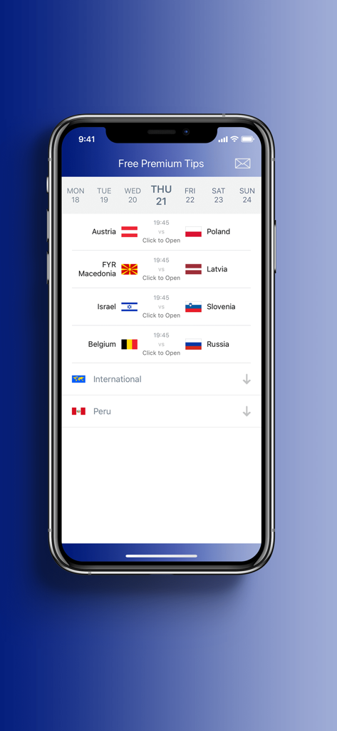 Interface of the FPT Premium Tips app displaying a list of international soccer matches with dates and times