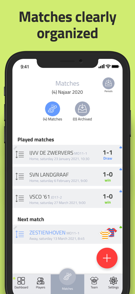 Interface de l'application Coach Amigo montrant une liste clairement organisée des matchs de foot joués avec les résultats et les calendriers des matchs à venir