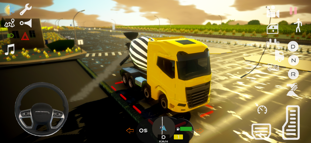 Truck Simulator Driving Euro - Un camión de cemento amarillo conduciendo por una carretera de ciudad al atardecer en un juego de simulación.