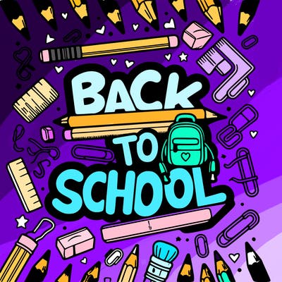 hollow text "back to school" with school supplies.