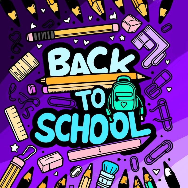 hollow text "back to school" with school supplies.