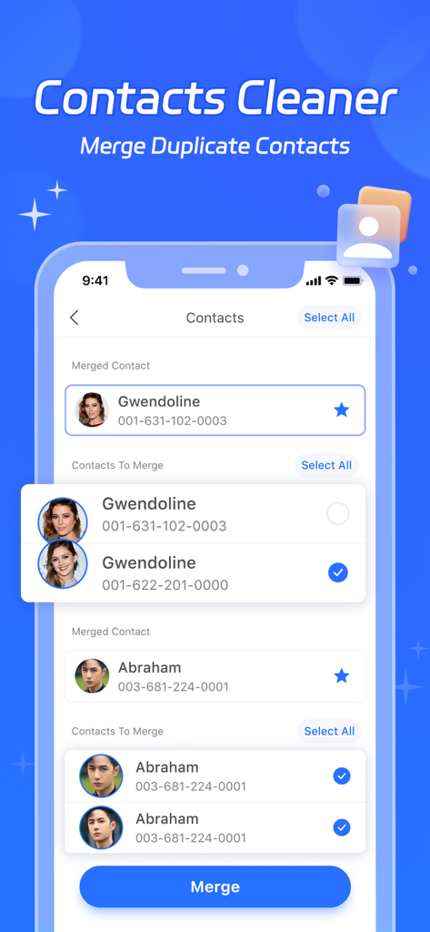 Clean Easily-Storage Cleaner - Interface showing the merge duplicate contacts feature of the Clean Easily storage cleaner app