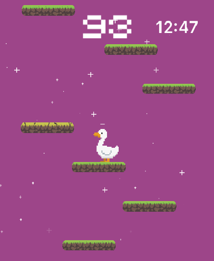 A white pixel art duck on floating platforms in the Naughty Duck game