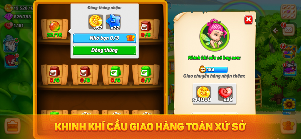 Khu Vườn Trên Mây - Sky Garden - In-game delivery system in Sky Garden showing trade crates and a fairy character