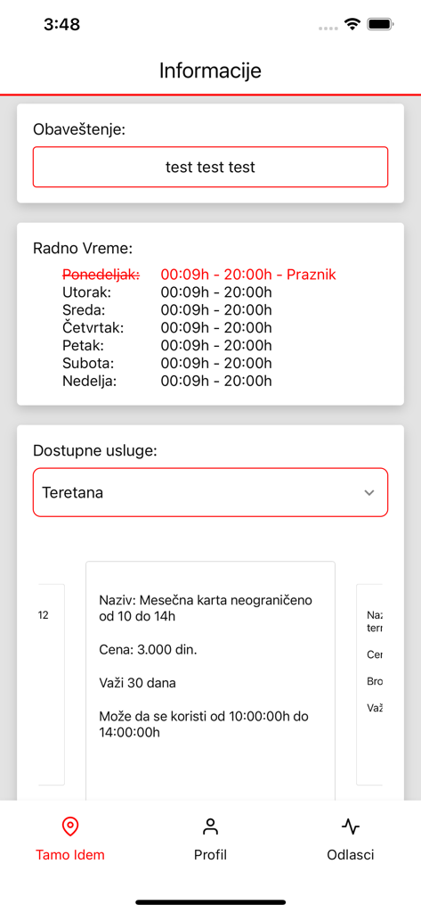 Spotted RS app interface showing training facility opening hours and gym membership options