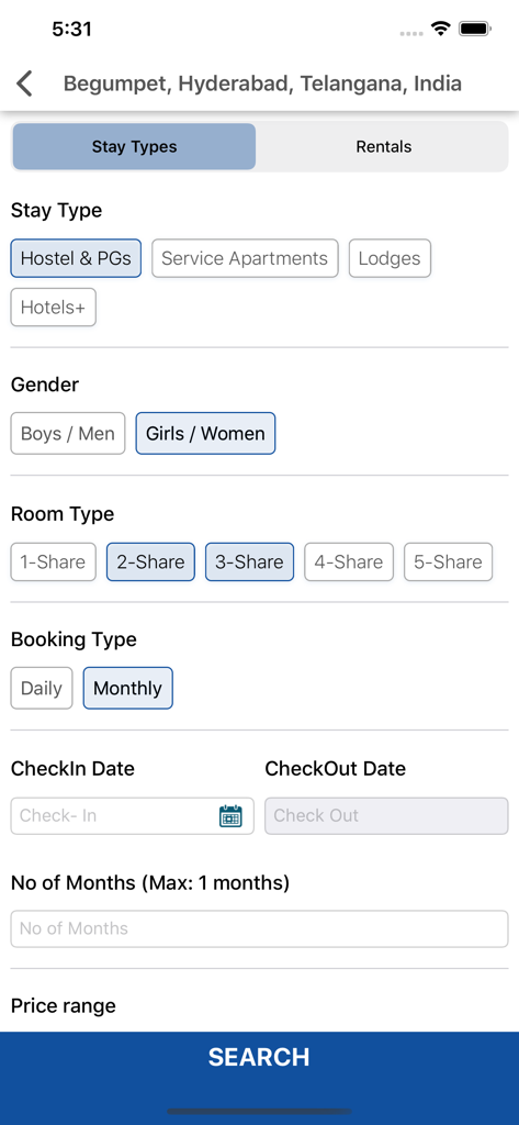 PGO - Schermata di ricerca dell'app mobile PGO con filtri per tipi di soggiorno, genere, condivisione della stanza e date di prenotazione.