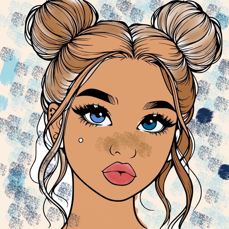 realistic girl with two buns on her hair and lips