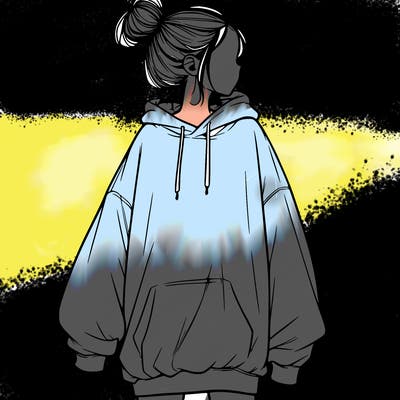 realistic girl with a oversized sweatshirt on and a bun