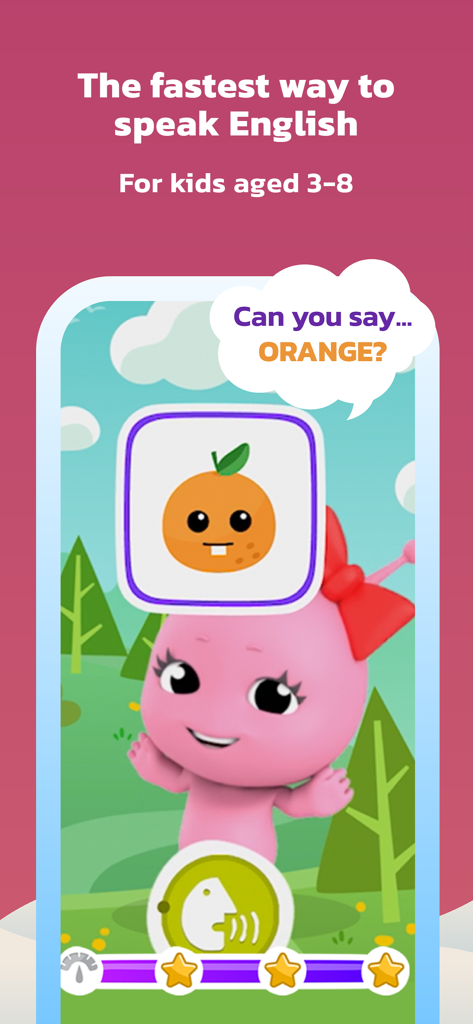 Galaxy Kids - Learning English - Galaxy Kids App zeigt eine interaktive englische Vokabelstunde für Kinder von 3 bis 8 Jahren mit einer rosa Figur und dem Wort Orange