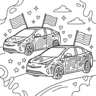 Get ready to celebrate love and diversity with this engaging coloring page featuring two stylish hybrid cars adorned for Pride Month. Express your creativity by bringing these eco-friendly vehicles and their festive decorations to life with your favorite colors.