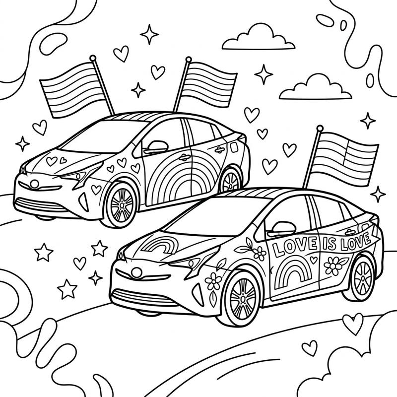Get ready to celebrate love and diversity with this engaging coloring page featuring two stylish hybrid cars adorned for Pride Month. Express your creativity by bringing these eco-friendly vehicles and their festive decorations to life with your favorite colors.