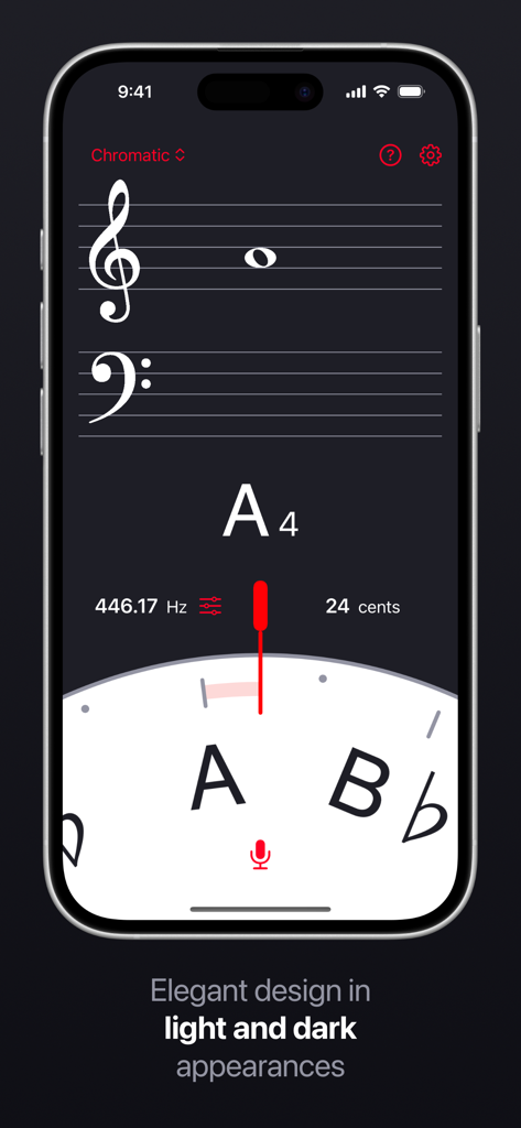 Semitones - Chromatic Tuner - Interface de l'application d'accordeur chromatique Semitones en mode sombre affichant la fréquence et la portée musicale.