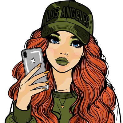 realistic beautiful girl wearing los ángeles cap holding an iphone