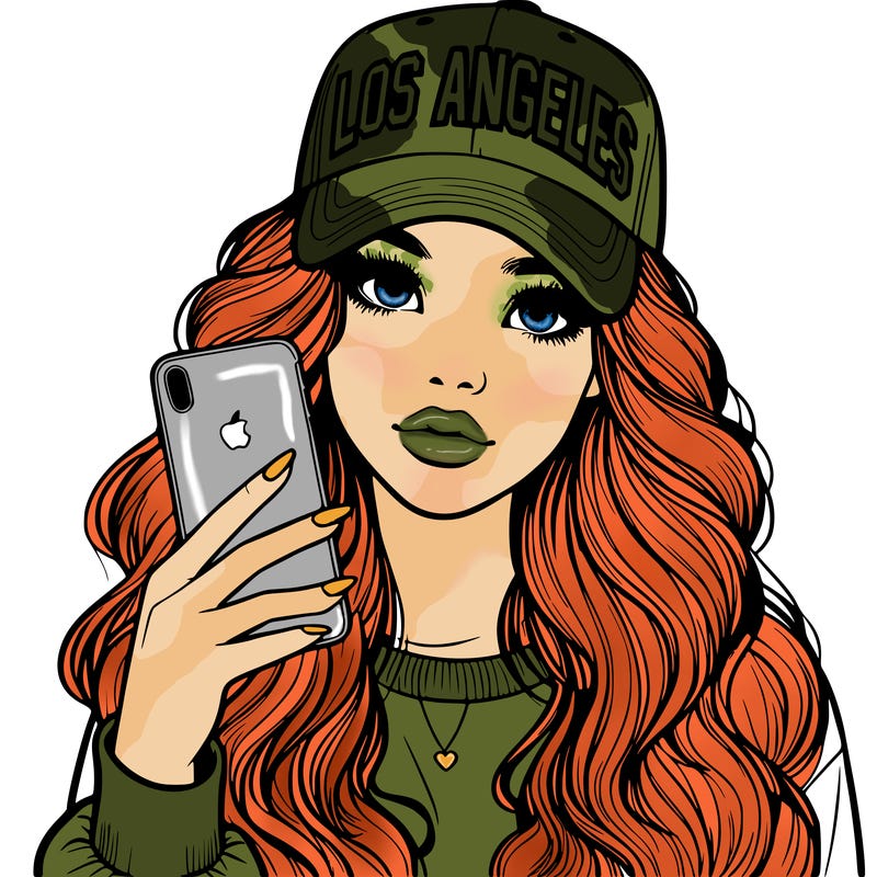realistic beautiful girl wearing los ángeles cap holding an iphone