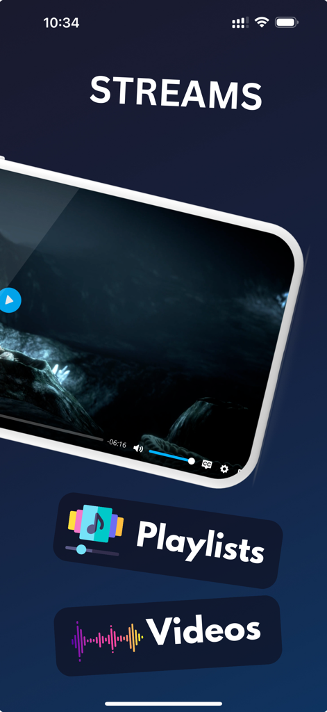 Smartphone-Oberfläche der Smarters IPTV Pro App mit einem Videoplayer mit Playlist- und Videoauswahl-Schaltflächen