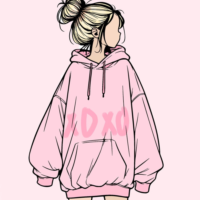 realistic girl with a oversized sweatshirt on and a bun