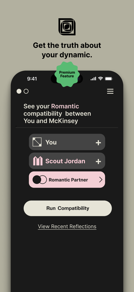 Mirror Personality + Astrology - Pantalla de la aplicación Mirror que muestra la herramienta de compatibilidad romántica para analizar la dinámica de las relaciones