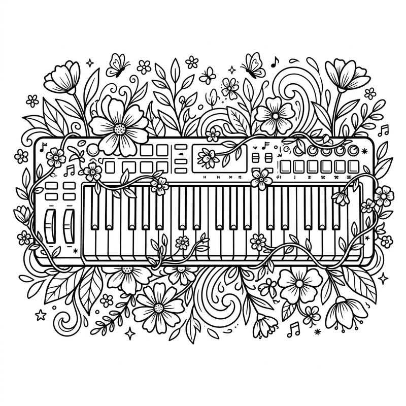 Immerse yourself in the harmonious blend of music and nature with this unique coloring page featuring a MIDI keyboard intertwined with beautiful spring blooms. This intricate design invites you to celebrate new beginnings with every stroke of your coloring tools.