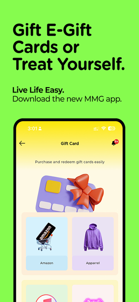mmg Customer - Interface of the mmg Customer app showing the gift card section for purchasing and redeeming e-gift cards.