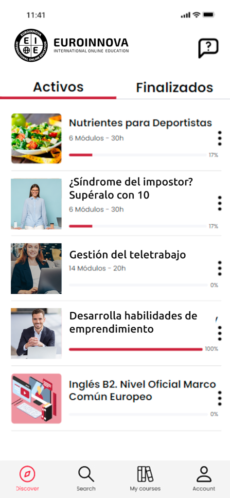 Interfaz de la aplicación móvil de Euroinnova que muestra una lista de cursos activos de desarrollo profesional