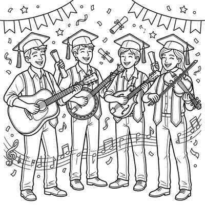 Join the festive spirit with this unique coloring page featuring folk musicians celebrating their graduation day. These joyful graduates are ready for you to bring their musical triumph to life with your favorite colors.