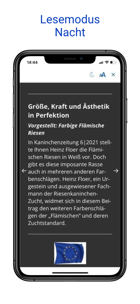 Nachtmodus-Oberfläche der Der Kleintierzüchter App, die einen Fachartikel über die Zucht von Flämischen Riesekaninchen anzeigt.