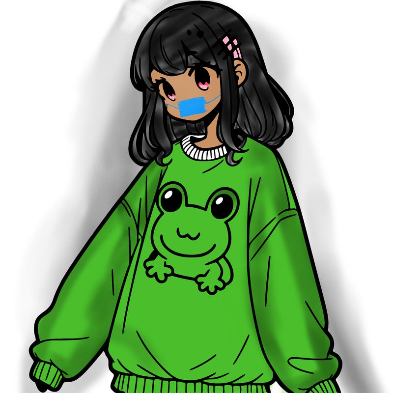 girl wearing frogging sweatshirt