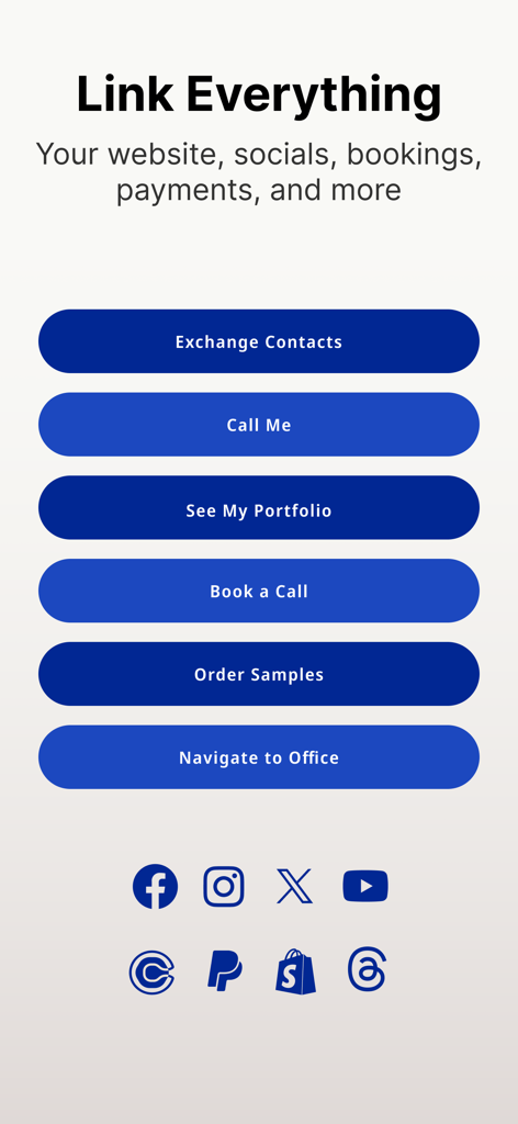 HeyDrop: Digital Business Card - Interfaz de tarjeta de presentación digital con botones de llamada a la acción para intercambio de contactos, visualización de portafolio y reserva de citas.