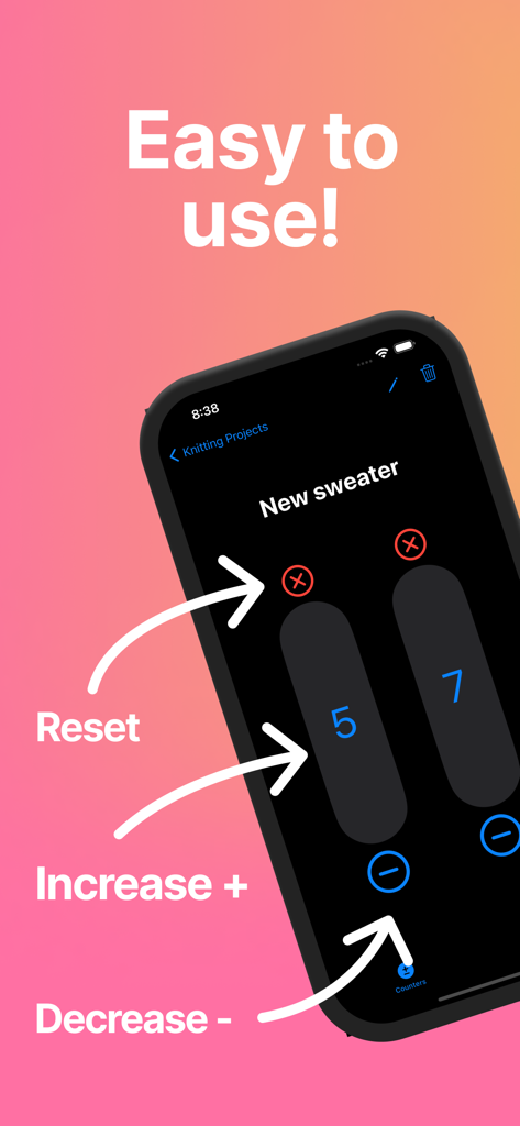 Un smartphone que muestra la interfaz de la aplicación Easy Row Counter para un proyecto de tejido con controles de seguimiento de filas