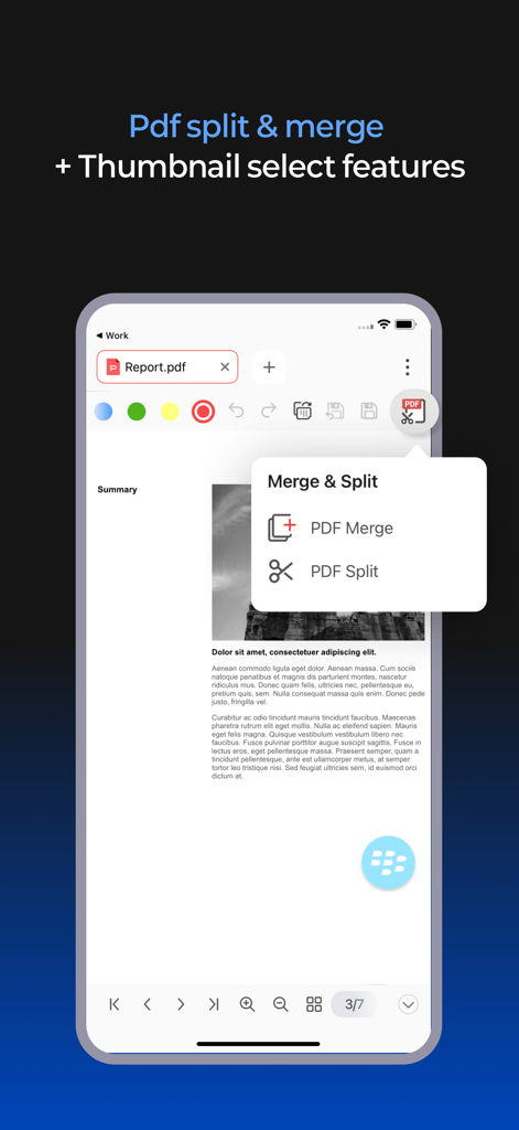 Polaris Viewer plus for BlackBerry app interface displaying PDF split and merge features on an iPhone