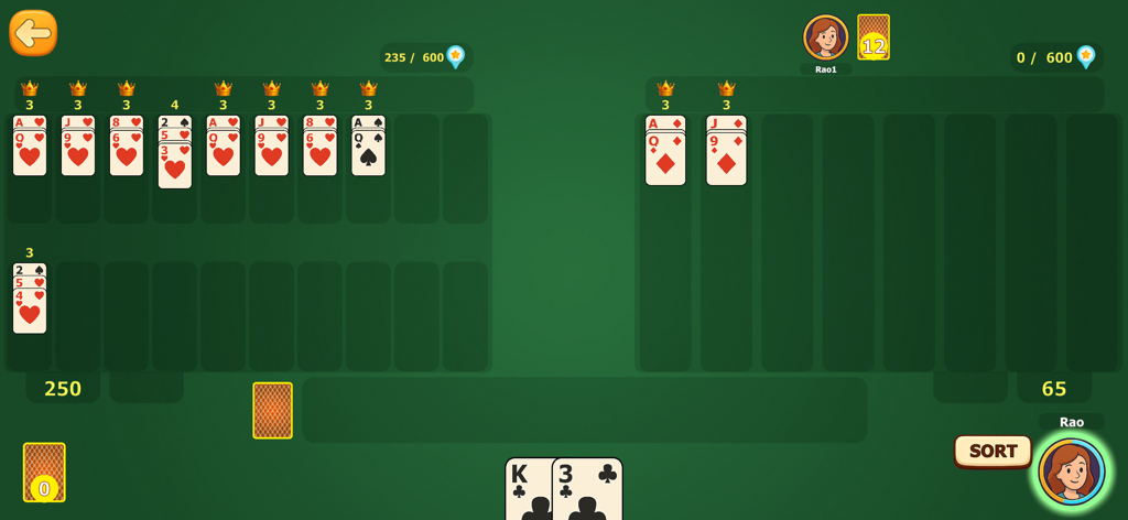 Bukharo - Gameplay screen of the Bukharo card game showing cards arranged in stacks on a green table with player scores and avatars