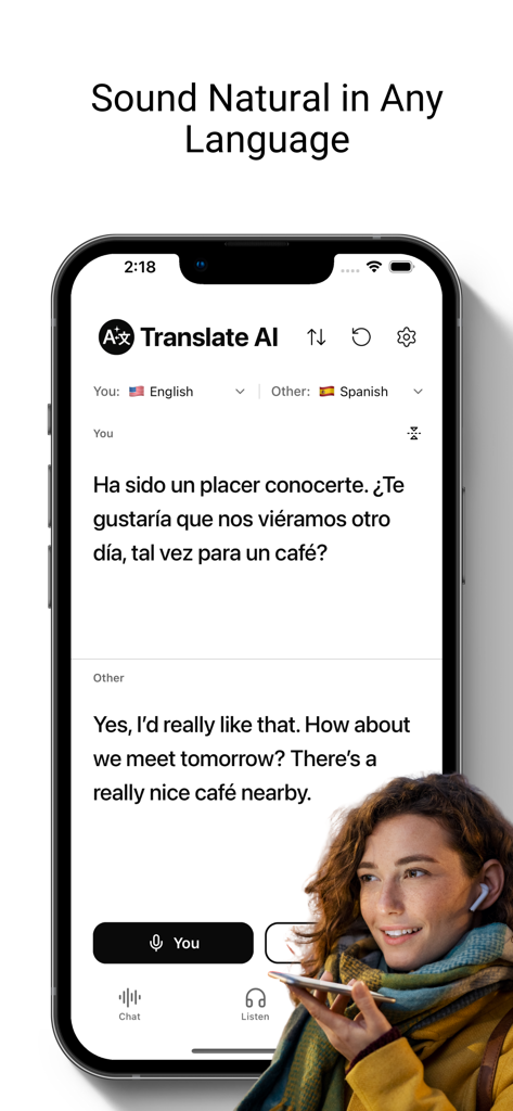 Translate AI: Live Translator - Pantalla del iPhone mostrando la aplicación Translate AI con traducción de voz en tiempo real entre inglés y español