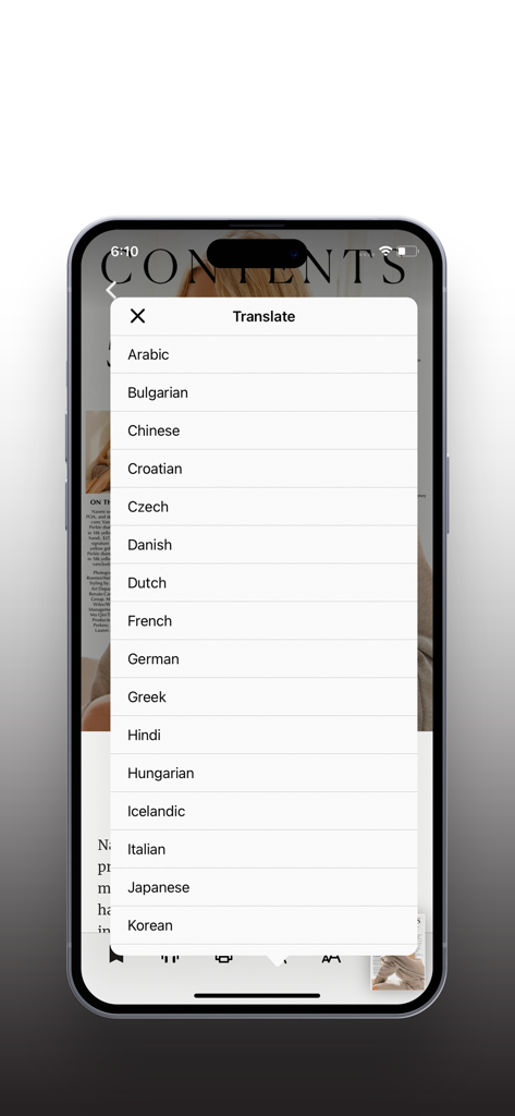 Marie Claire Australia - Language translation menu on a smartphone screen for the Marie Claire Australia app content
