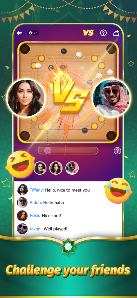 A multiplayer Carrom board game interface in TopTop Lite featuring social chat and player profiles