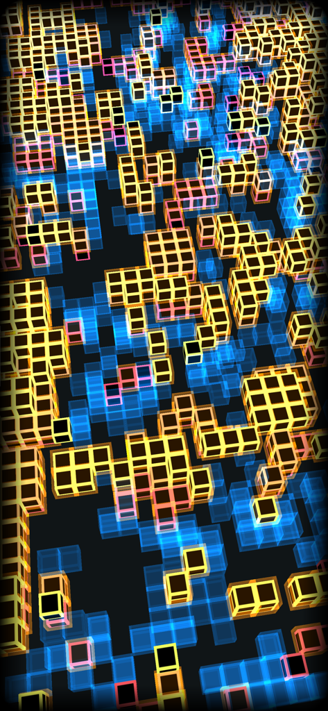 Una griglia di simulazione 3D da Conway's Game of Life con cubi gialli e blu luminosi