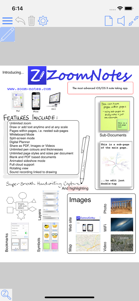 ZoomNotes - Infografik mit ZoomNotes App-Funktionen, einschließlich unendlichem Zoom, Unterseiten, Ebenen und digitalen Planungswerkzeugen