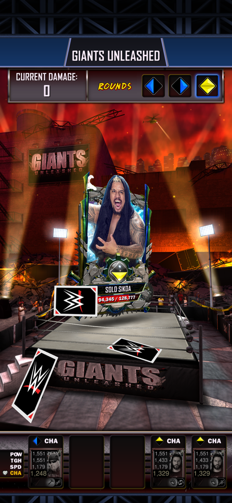 WWE SuperCard - Wrestling Game - Carte Solo Sikoa présentée dans le mode Giants Unleashed du jeu mobile WWE SuperCard.