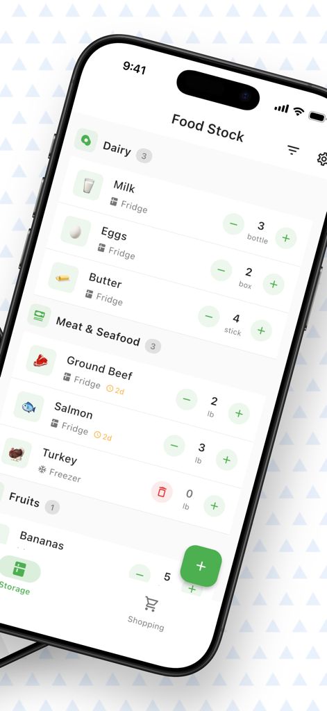Food Stock Master mobile app interface showing a kitchen inventory list organized by categories like Dairy and Meat.