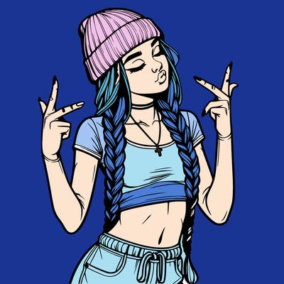 realistic teenage girl with braids and a beanie and crop top doing 🫶🏼