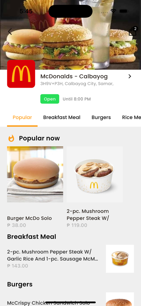 Nom Nom Delivery - McDonald's restaurant menu screen in the Nom Nom Delivery app showing popular food items and prices