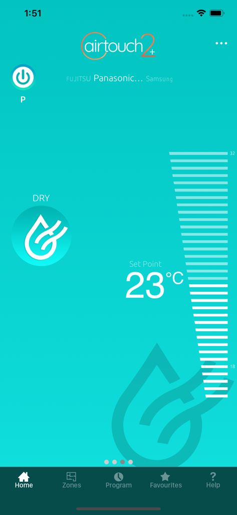 AirTouch 2 plus App-Oberfläche, die eine Temperatureinstellung von 23 Grad Celsius im Trockenmodus zeigt