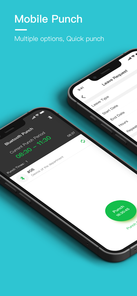 GaiaWorks app interface showing mobile punch and leave request options