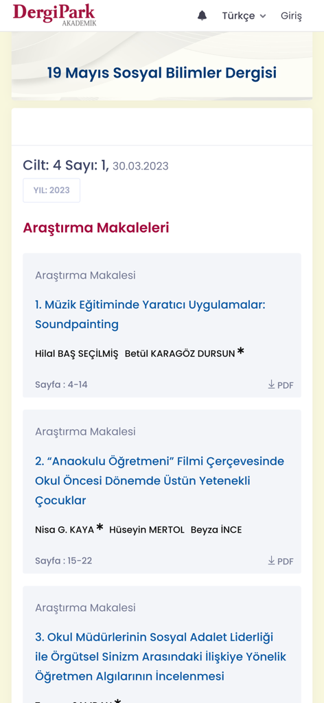 DergiPark Akademik - Screenshot of the DergiPark Akademik app showing a list of academic research articles with PDF download options