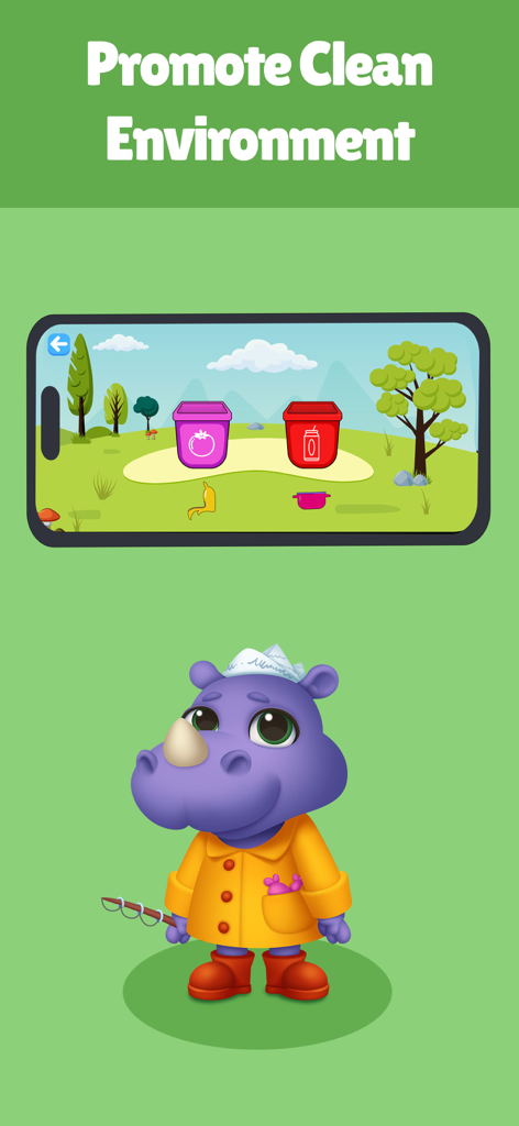 ABC Mouse: Math Games for Kids - Una pantalla de juego educativo preescolar que muestra la clasificación de basura en cubos de colores con un amigable personaje de rinoceronte morado.