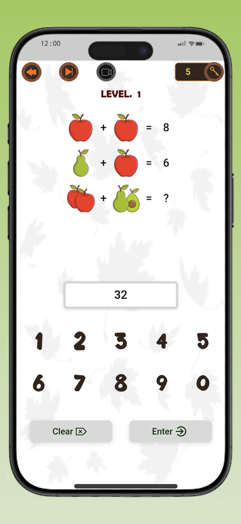 Math logic puzzle screen featuring fruit equations and numeric keypad