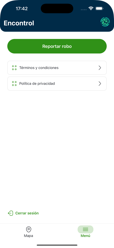 Encontrol My App - Pantalla de menú de Encontrol My App con un gran botón verde para reportar robo